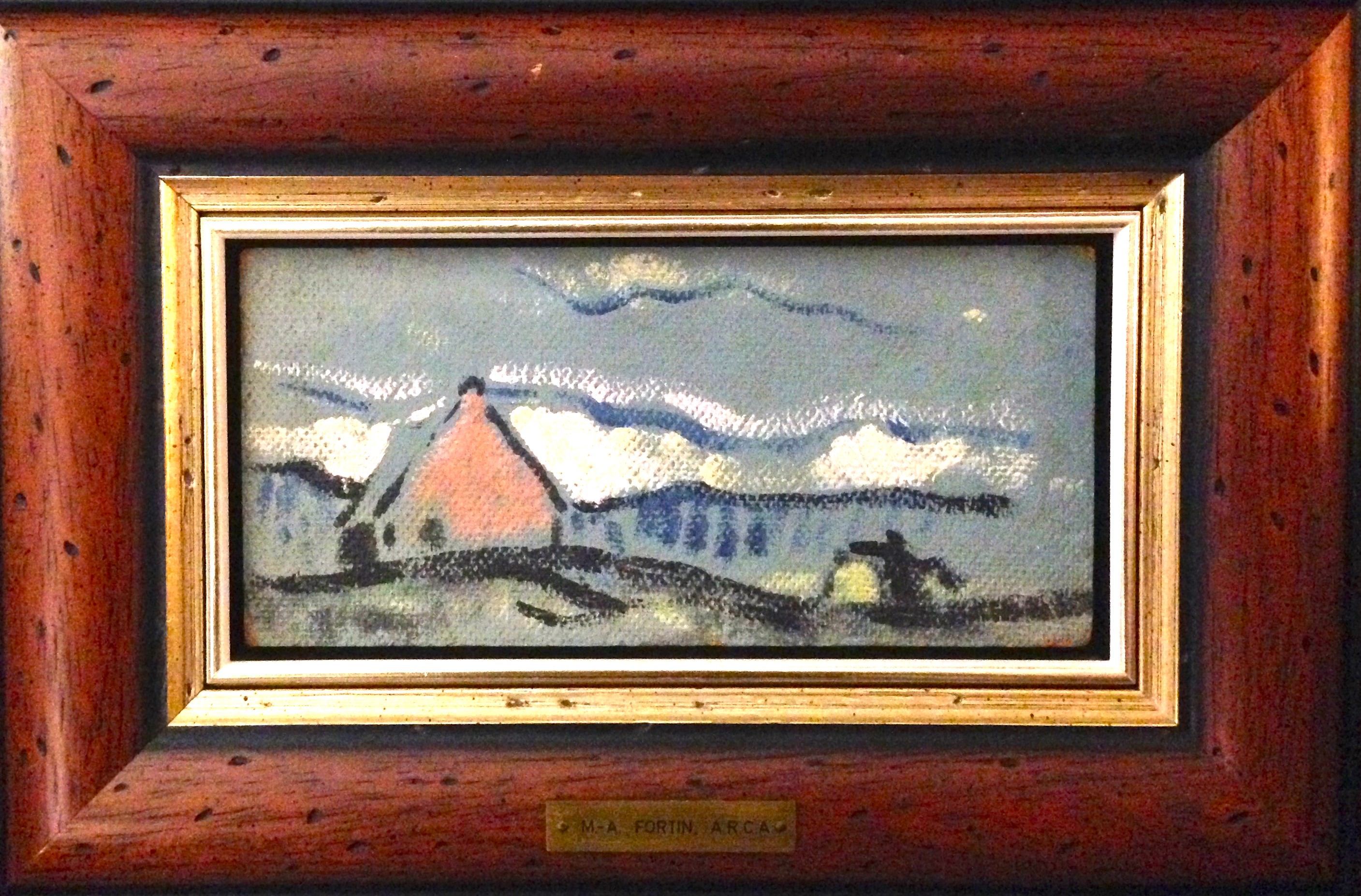 Marc-Aurèle Fortin (1888-1970) Paysage québécois en bleu Huile sur panneau 4 x 8 po 1942