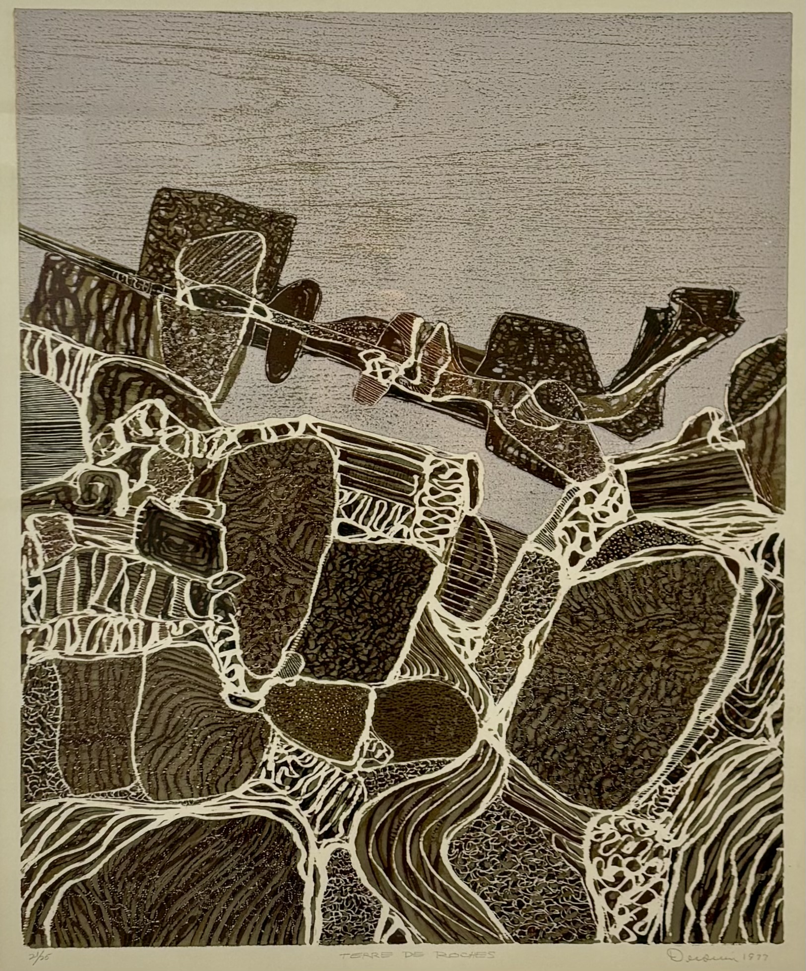 Terre de roches Gravure sur bois, 21/25 26 x 22 po 1977